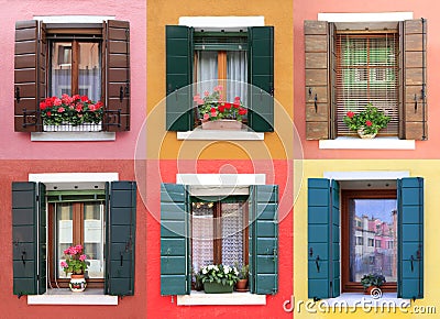 Colorful windows in Burano, near Venice Stock Photo