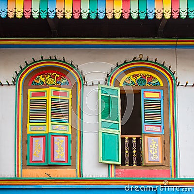 Colorful windows on a house in Little India, Singapore Stock Photo