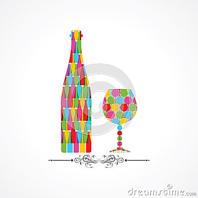 Colorful wine bottle and glass Vector Illustration