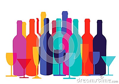 Colorful wine bottles and glasses Vector Illustration