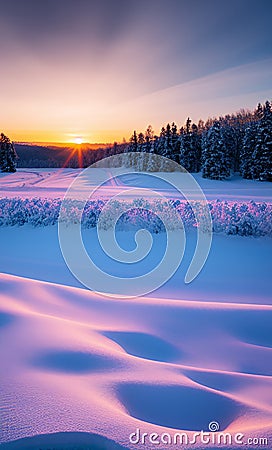 A colourful winter sunrise over the snow-covered field Stock Photo