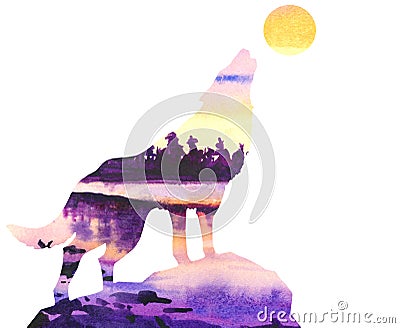 Colorful wolf howling at the moon Stock Photo