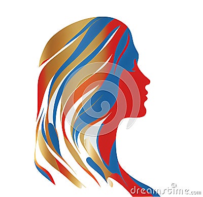 Colorful woman face silhouette with waves for cosmetics beauty salon logo design concept. Abstract female head silhouette for Stock Photo