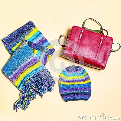 Colorful woman scarf hat and red handbag Stock Photo