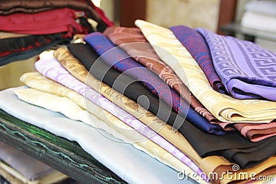 Colorful women`s shawls stoles with a ornaments Stock Photo