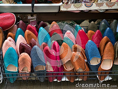 Colorful women`s slippers and shoes in Granada market, Andalusia, Spain, Espana Stock Photo
