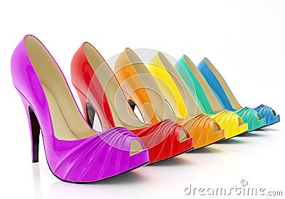 Colorful women stiletto heel shoes isolated on white background Stock Photo