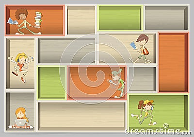 Colorful wood shelf with cartoon teenager students Vector Illustration
