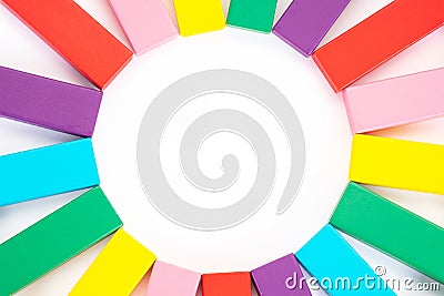 Colorful wooden blocks toys on white background. Creative, diverse, expanding, rising or growing Stock Photo