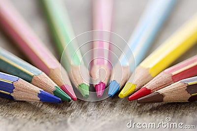 Colorful wooden color pencils on rustic background Stock Photo