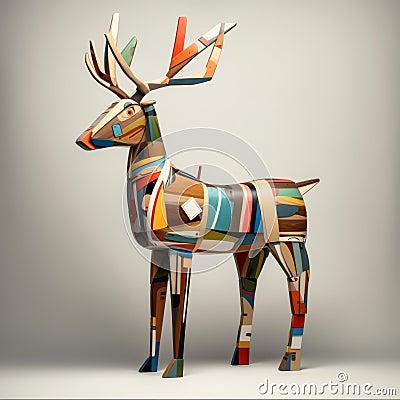 Colorful Wooden Deer Sculpture Inspired By Erik Jones And Dusan Djukaric Cartoon Illustration