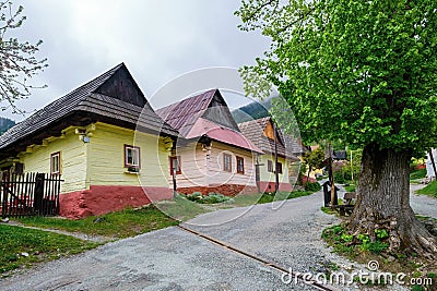 Colorful wooden houses in Vlkolinec village in northern Slovakia. Stock Photo