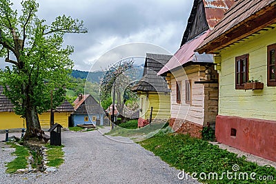 Colorful wooden houses in Vlkolinec village in northern Slovakia. Stock Photo