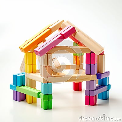 Colorful wooden stick and block construction a children's toy for building and playing. Brain and skill developing. White Stock Photo