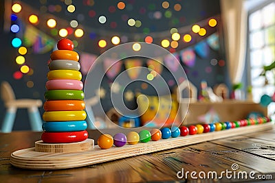 Colorful Wooden Toddler Toys in Playroom Setting with Festive Bunting and Lights in the Background Stock Photo