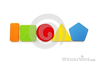 Colorful wooden toy blocks in geometric shapes Stock Photo