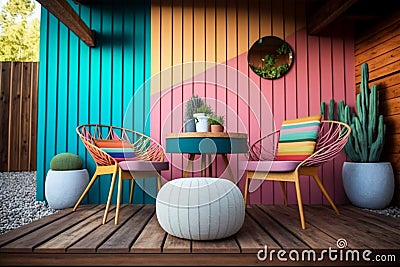 colorful wooden wall, chair and table set on wooden floor, backyard design,generative Ai, Cartoon Illustration