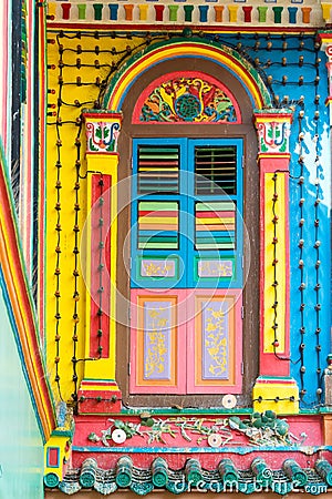 Colorful wooden window Colonial retro architecture building home and living vintage style in Little India, Singapore Editorial Stock Photo