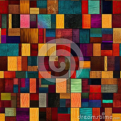 Colorful woodgrain pattern with ethnic colors, Seamless repeating background. Squares Stock Photo