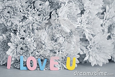 Colorful Word ` I love U` on black and white flowers Stock Photo