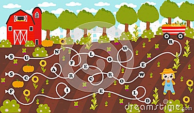 Colorful word maze for kids with english farming themed words in cartoon style with harvesting, farming, scarecrow Vector Illustration