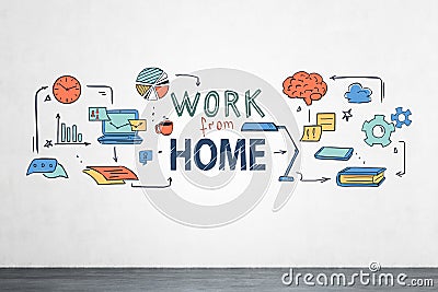 Colorful work from home sketch on concrete wall Stock Photo