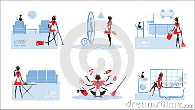 Colorful Working Housewifes Set Vector Illustration