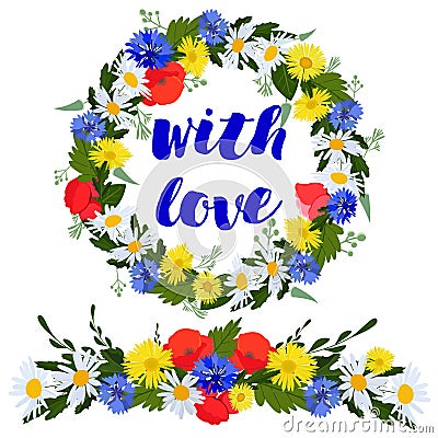 colorful wreath and garland of wild flowers isolated on a white background with love Vector Illustration