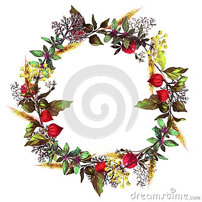 Colorful wreath with herbs and flowers Stock Photo