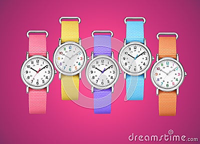 Colorful wrist watches on fuchsia background Stock Photo