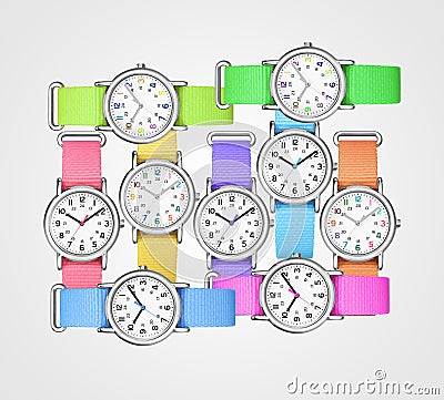Colorful wrist watches on gray background Stock Photo