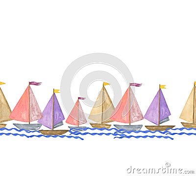 Yachts repeat pattern, watercolor hand drawn illustration of regatta on the white background, horizontal border Cartoon Illustration