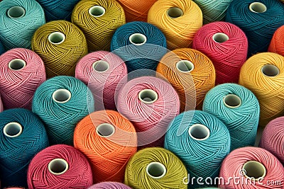 Colorful yarn spools arranged in a pattern for background use Stock Photo
