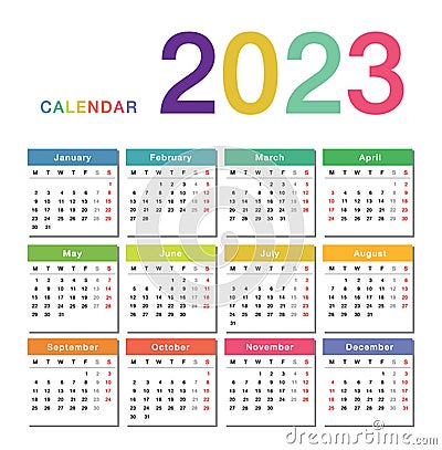 Colorful Year 2023 calendar horizontal vector design template, simple and clean design. Calendar for 2023 on White Background for Vector Illustration