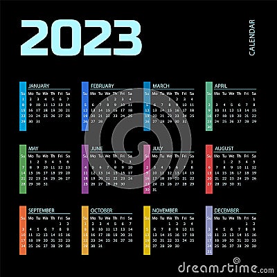 Colorful Year 2023 calendar. Square vector calendar. template, simple and clean design. Vector Illustration