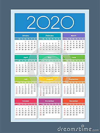 Colorful year 2020 calendar. Week starts on Sunday Vector Illustration