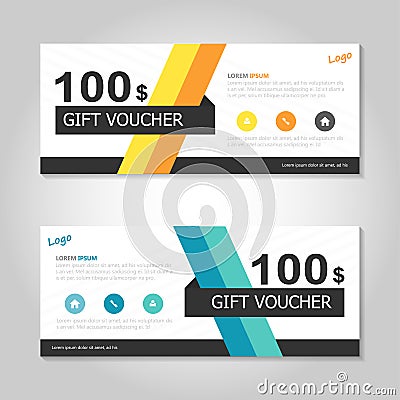 Colorful yellow orange gift voucher template layout design set, certificate discount coupon pattern for shopping Vector Illustration