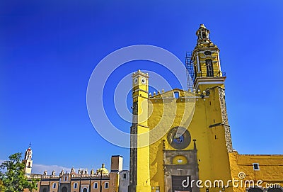 Colorful Yellow San Gabriel Church Cholula Mexico Stock Photo