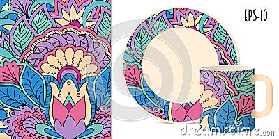 Colorful zen floral pattern with mandala and lotus for dishes Vector Illustration