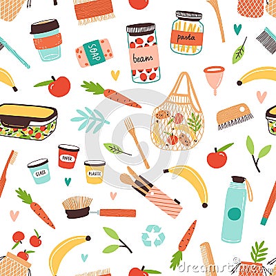 Colorful Zero Waste durable and reusable goods and vegan food seamless pattern. Eco friendly items or products vector Vector Illustration