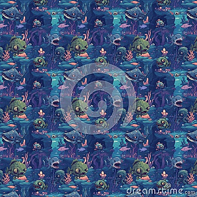 Colorful, zombie fish-themed pattern in a seamless tile design Stock Photo