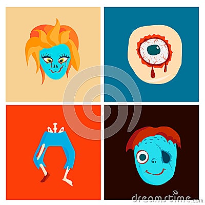 Colorful zombie scary cartoon character cards magic people body part cartoon fun monster vector illustration Vector Illustration