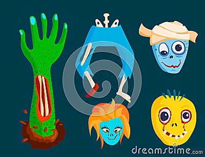 Colorful zombie scary cartoon character and magic people body part Vector Illustration