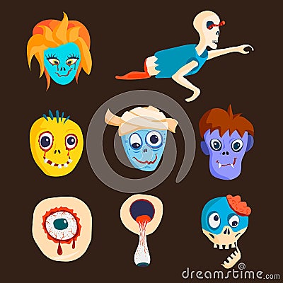 Colorful zombie scary cartoon character and magic people body part cartoon fun monster vector illustration Vector Illustration