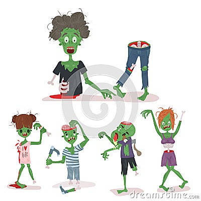 Colorful zombie scary cartoon elements halloween magic people body fun group cute green character part monsters vector Vector Illustration