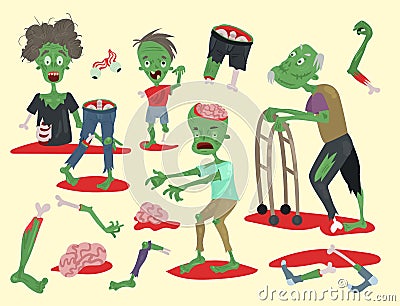 Colorful zombie scary cartoon elements halloween magic people body fun group cute green character part monsters vector Vector Illustration