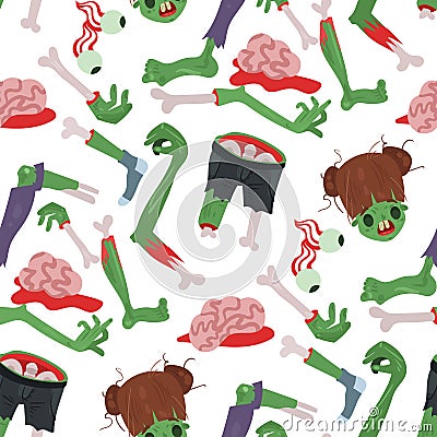 Colorful zombie scary cartoon halloween magic people body green character seamless pattern background part monsters Vector Illustration