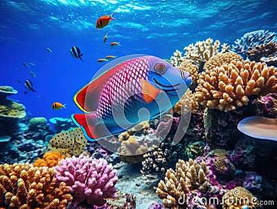 Colorfull and beautiful coral fish in blue water Cartoon Illustration