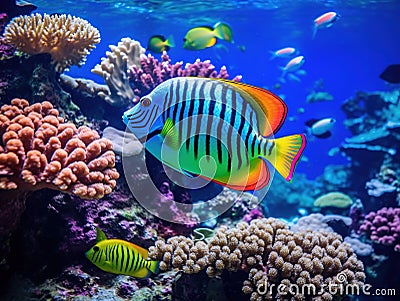 Colorfull and beautiful coral fish in blue water Cartoon Illustration