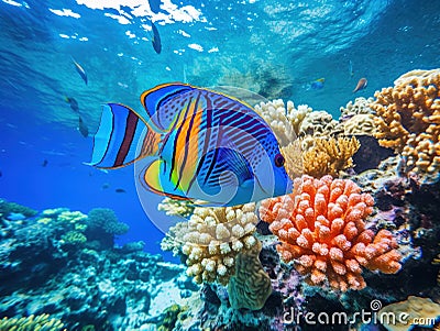 Colorfull and beautiful coral fish in blue water Cartoon Illustration